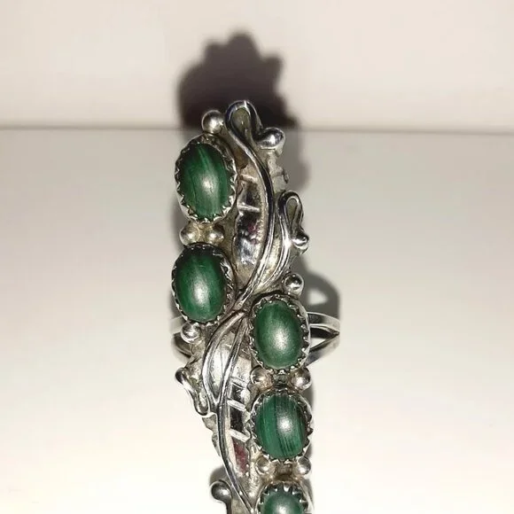 Navajo Sterling Silver Elongated Malachite Turquoise Feathers Ring 6.5 - Picture 2 of 5